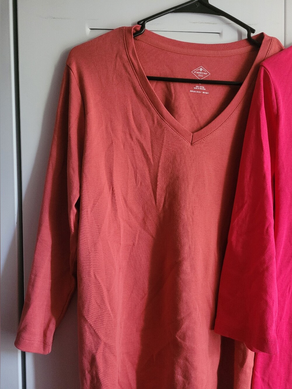 Women's V-Neck 3/4 Sleeve Top - Pink and Rust - Picture 3 of 8